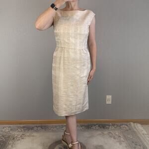 Tory Burch Womens Fatima Midi Sheath Dress Size 10 Ivory Beige Gold Woven Tweed